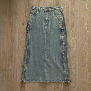 Bando Moon River Denim Suede Strap Midi Skirt